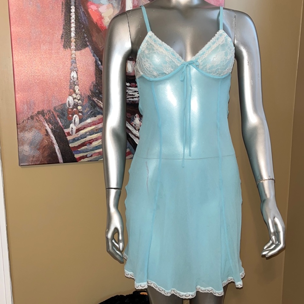 Twiggy 100% silk vintage vtg blue white lace lingerie nightie nightgown dress